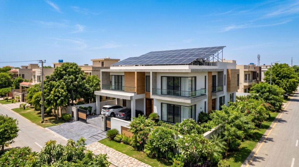 Modern Pakistani home with rooftop solar panels